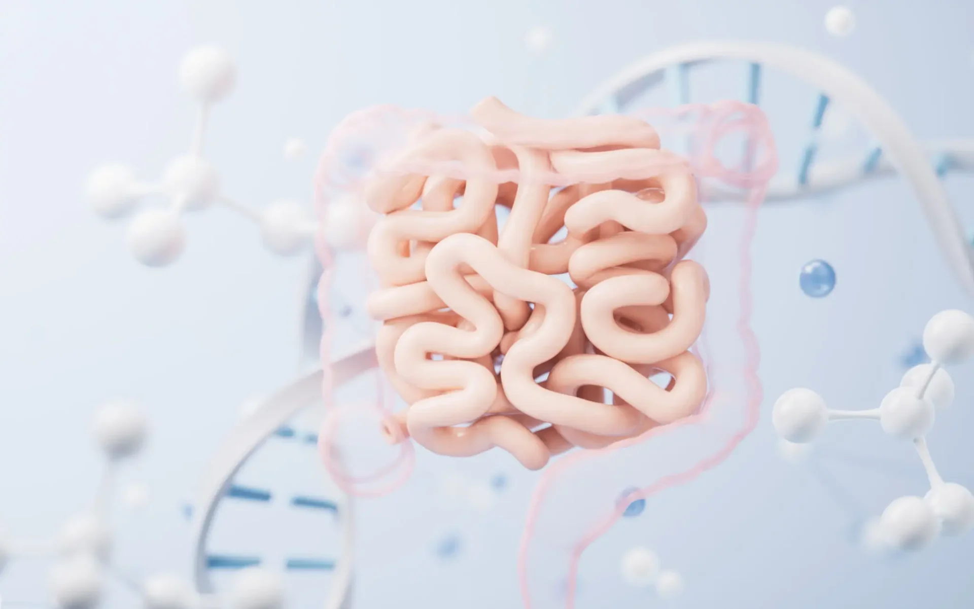 3D model of human intestines with DNA strands in the background.