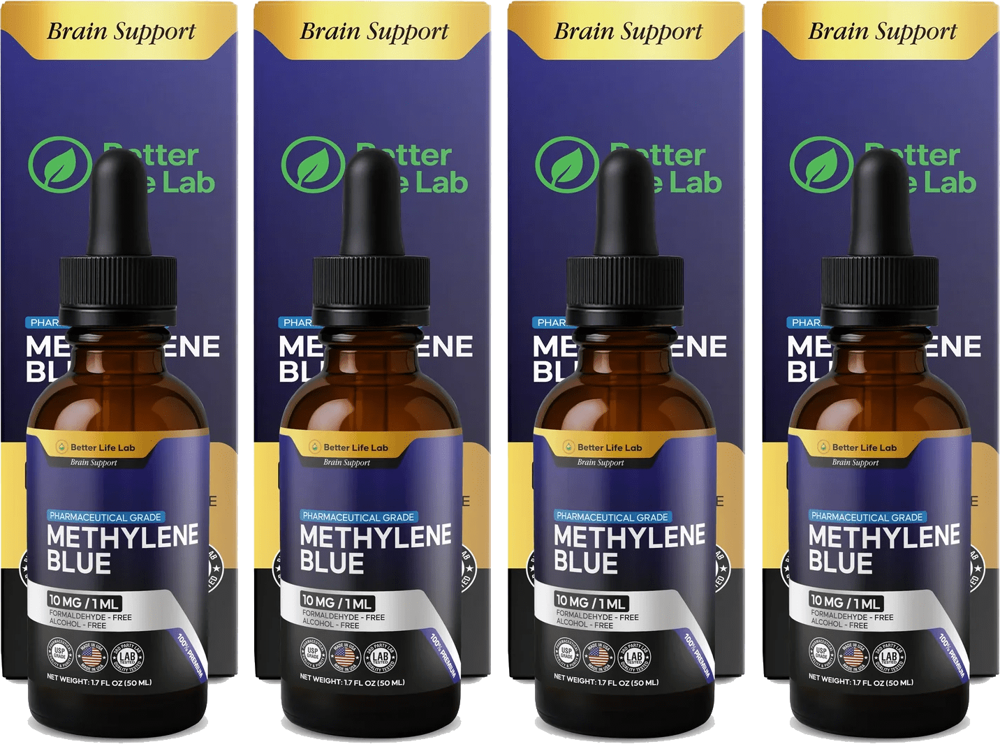 Bottles of Methylene Blue solution with droppers and labels.