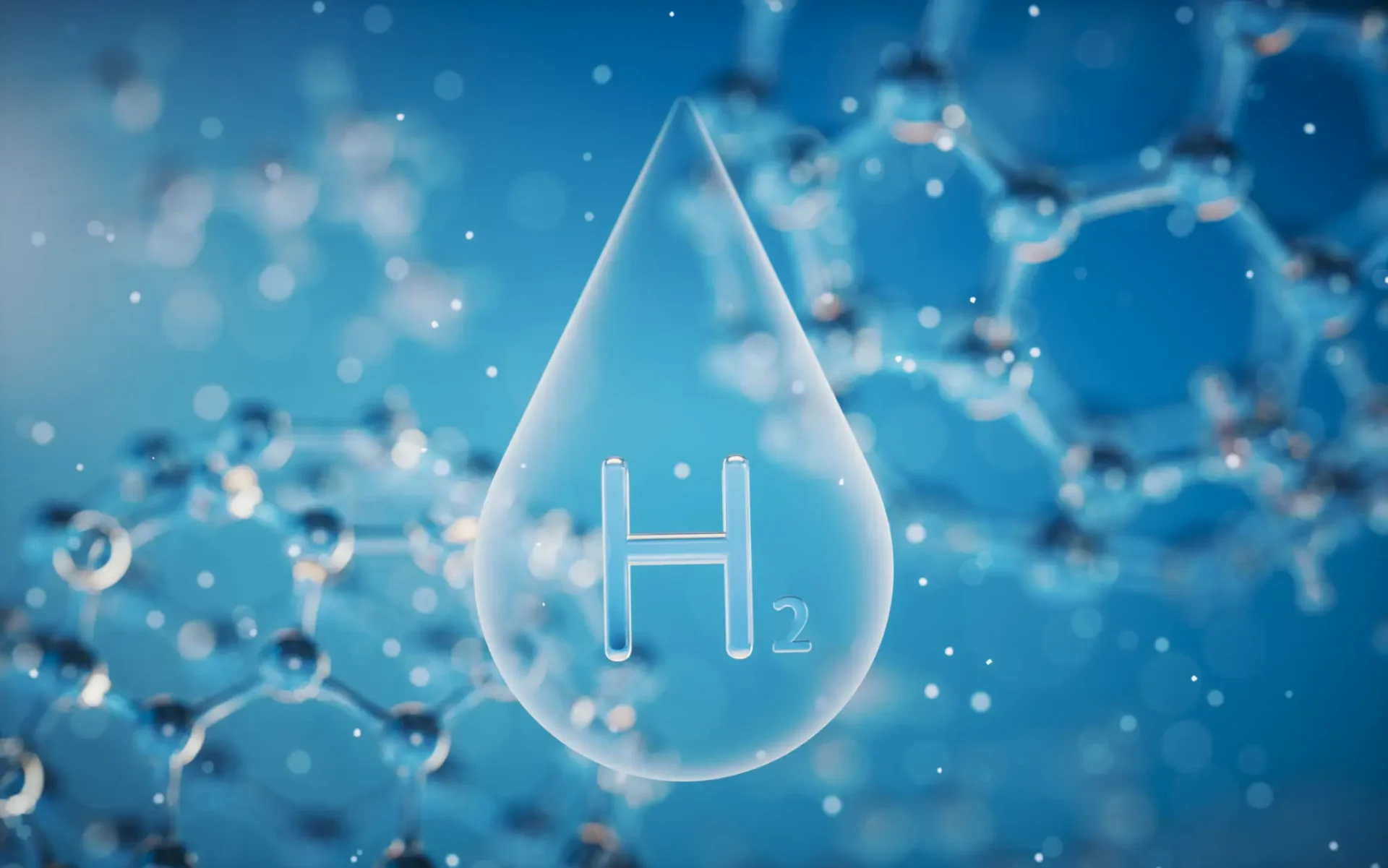 A drop of water symbolizing hydrogen with molecular structure background.
