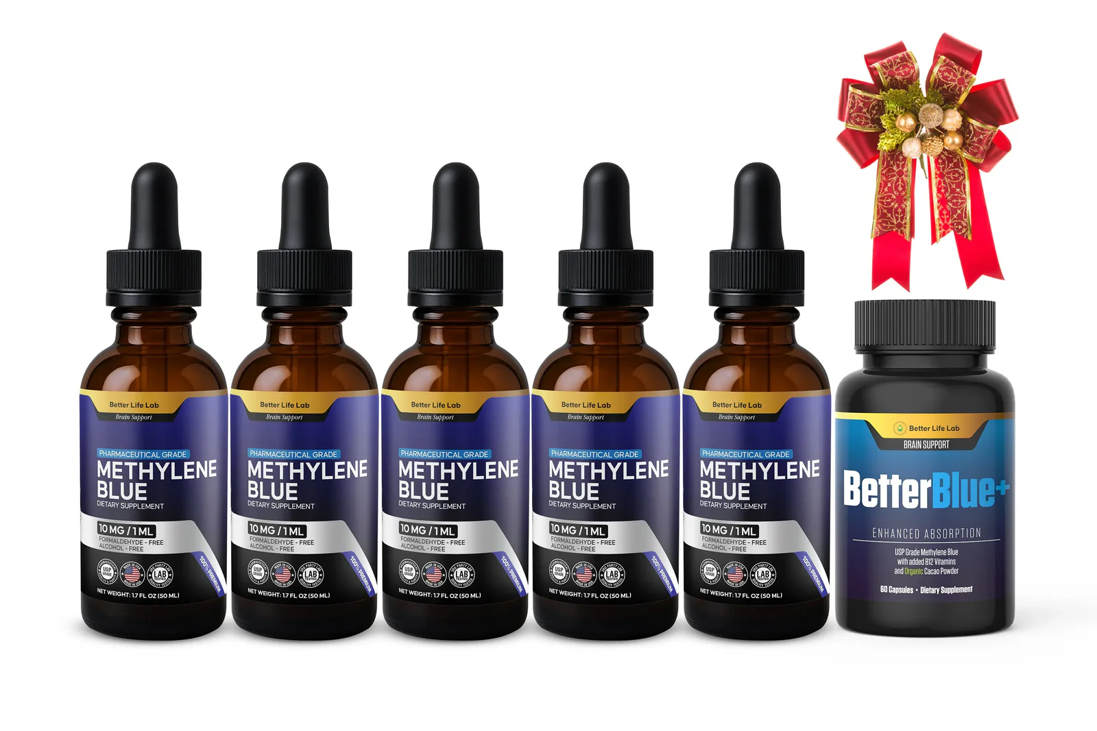 A lineup of six CBD oil bottles and two jars with a festive bow.