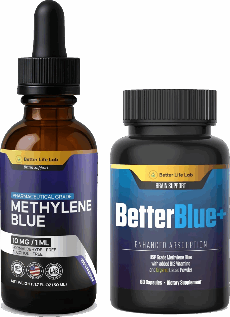 Two bottles of blue dye, Methylene Blue and BetterBlue+, displayed side by side.