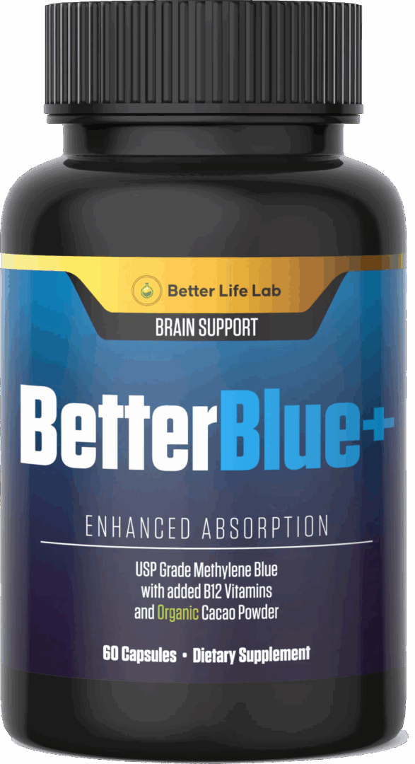 BetterBlue+ brain support supplement bottle with DHA and EPA.