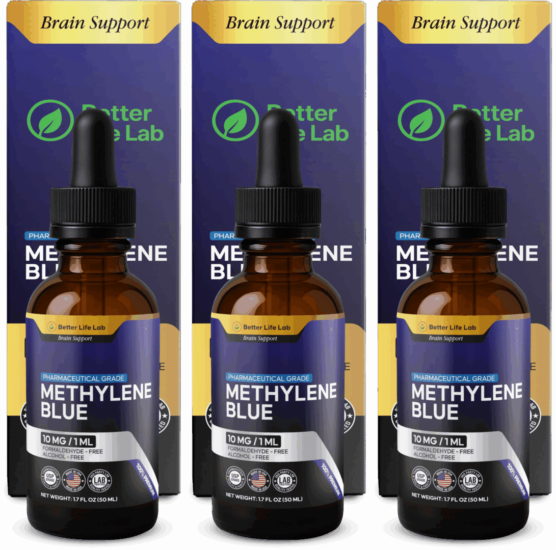 Three bottles of Methylene Blue solution with droppers in front of a product box.