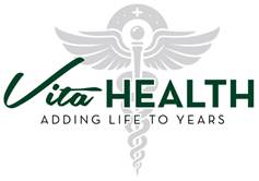 Vita Health logo with a caduceus symbol and slogan.