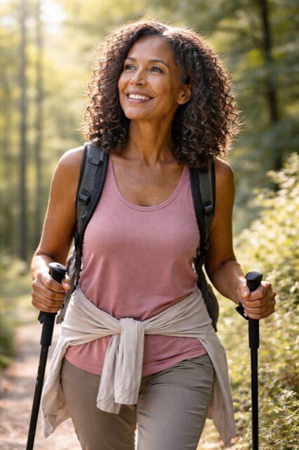 Smiling woman hiking with trekking poles in nature.