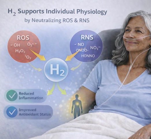 Hydrogen therapy supports individual physiology by neutralizing ROS and RNS.