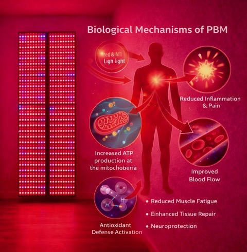Diagram showing biological mechanisms of PBM affecting cells and tissues.