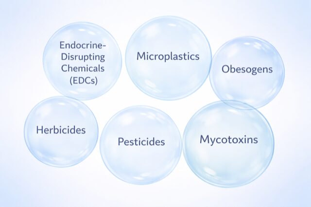 Diagram showing microplastics and related environmental toxins like pesticides and obesogens.