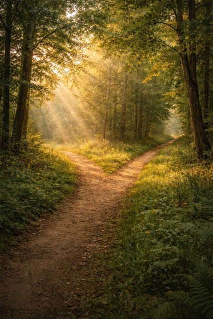Sunlight filters through trees onto a forked forest path.