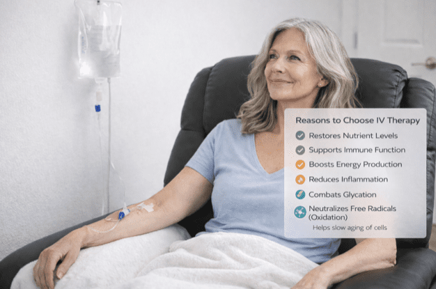 A woman receiving IV therapy treatment in a medical setting.