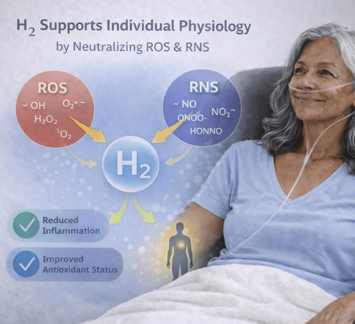 Hydrogen therapy shown supporting individual physiology by neutralizing ROS and RNS.