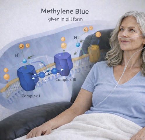 Illustration of methylene blue dye interacting with cells during an IV infusion.