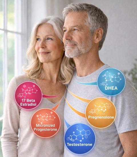 Mature couple with brain health supplement icons around them.