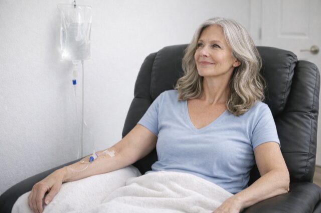 Elderly woman receiving intravenous therapy in a comfortable chair.