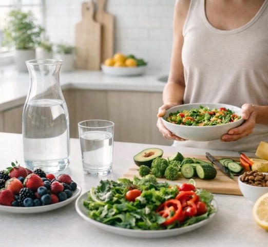 Person preparing a fresh salad with various vegetables on a kitchen table.