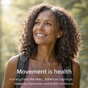 Smiling woman outdoors with message "Movement is health."