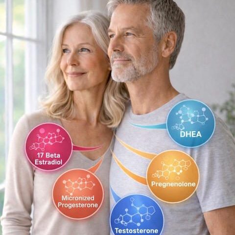 A man and a woman with icons describing 17 beta estradiol, DHEA, micronized progesterone, testosterone, and pregnenolone