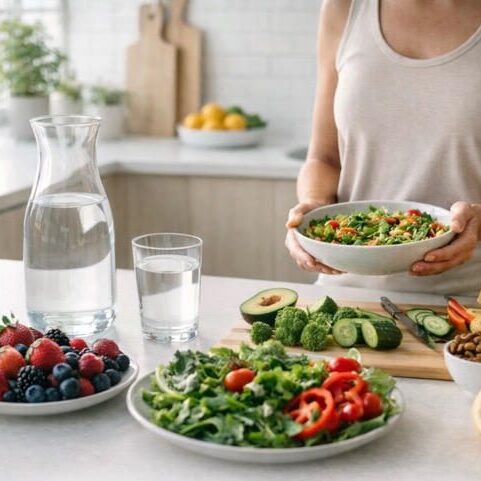 Person preparing a fresh salad with various vegetables on a kitchen table.